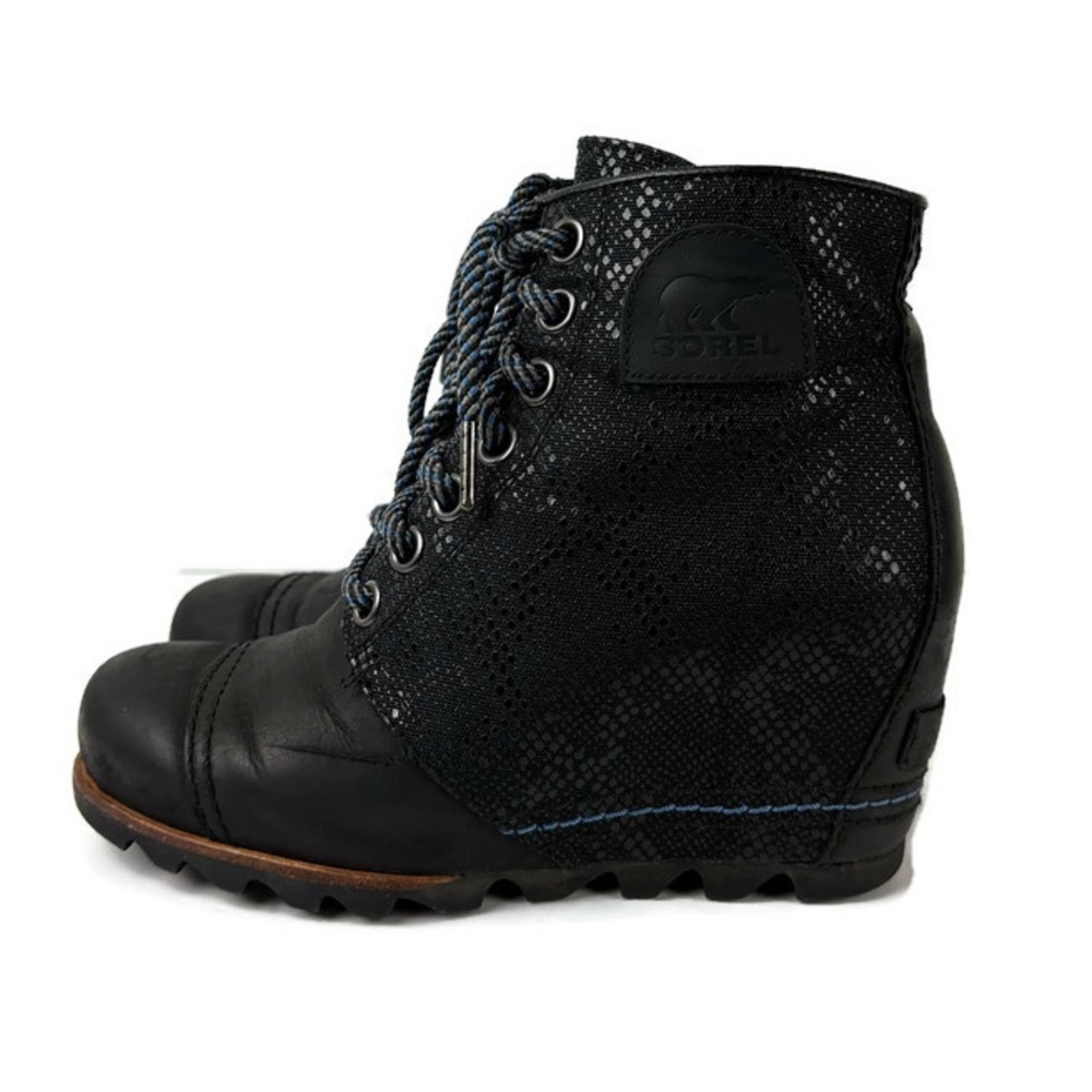 Sorel 1964 Premium Snake Embossed Leather Hidden Wedge Lace Up Boots in Black